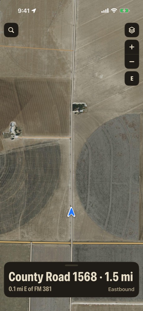 Satellite map of farm fields on County Road 1568, a tenth of a mile east of FM 381