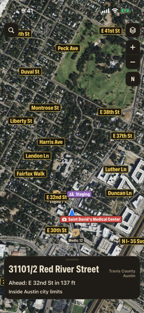Medic 12 and Engine 7 near Saint David's Medical Center in Austin, with a Staging pin, at 3110 Red River Street