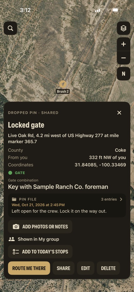 A shared Locked gate pin: Live Oak Rd, 4.2 mi west of US Highway 277 at mile marker 365.7, Key with Sample Ranch Co. foreman
