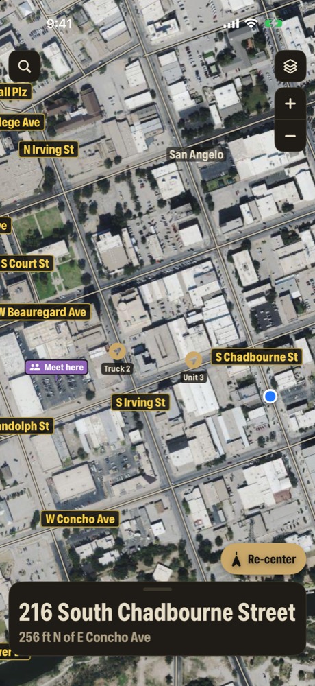 Group members Truck 2 and Unit 3 in downtown San Angelo with a shared Meet here pin