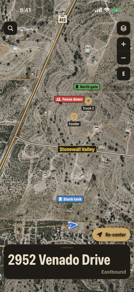 Group members Truck 2 and Feeder on a ranch map with shared pins for North gate and Fence down