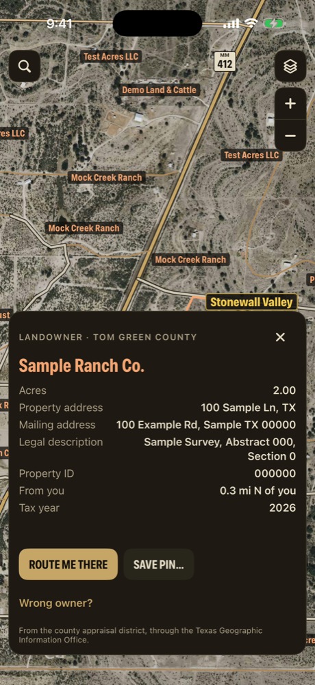 A landowner card for Sample Ranch Co., all sample data