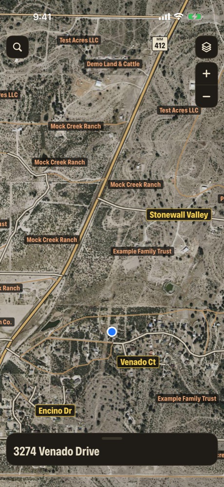 Ranch land near Stonewall Valley with sample owner names printed across each property