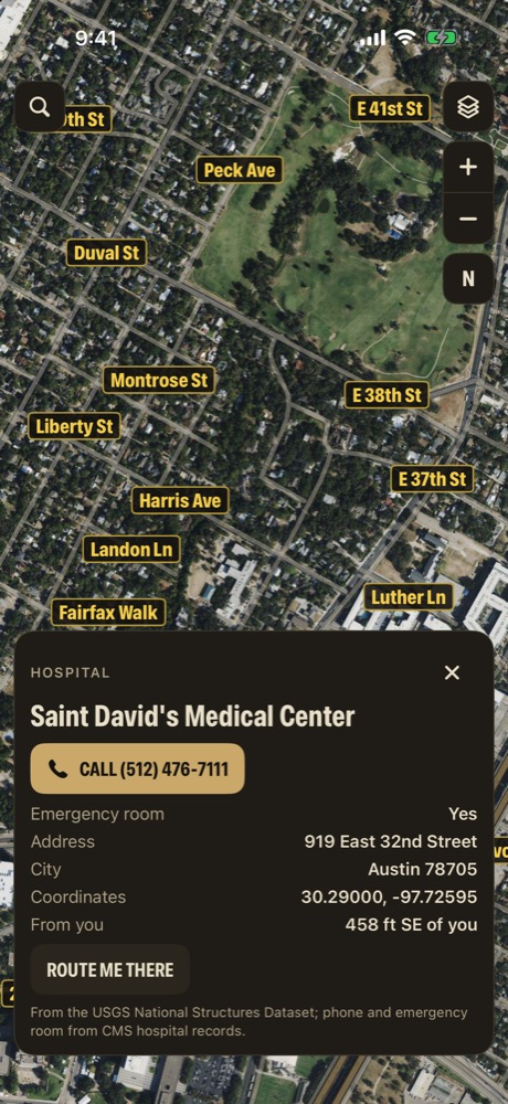 A hospital card for Saint David's Medical Center with a Call button for the ER phone