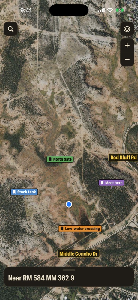 Satellite map with colored pins named North gate, Stock tank, Meet here and Low-water crossing