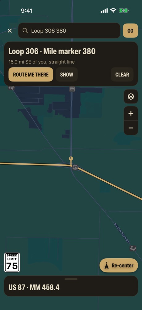 Search results for Loop 306 mile marker 380 with a Route me there button