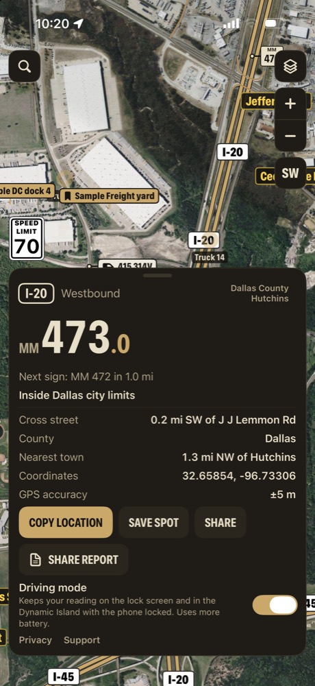 The location card on I-20 westbound at mile marker 473.0, Dallas County, with Copy location and Share report
