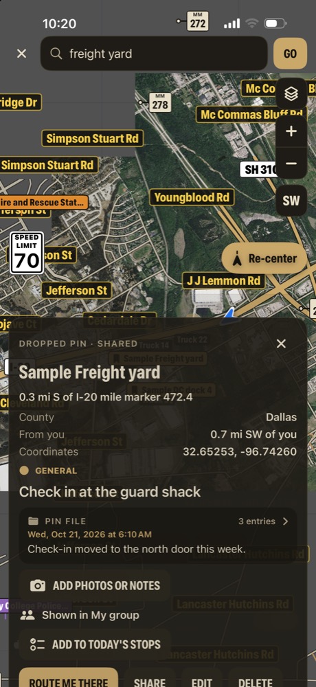 The Sample Freight yard pin, 0.3 mi south of I-20 mile marker 472.4, Check in at the guard shack