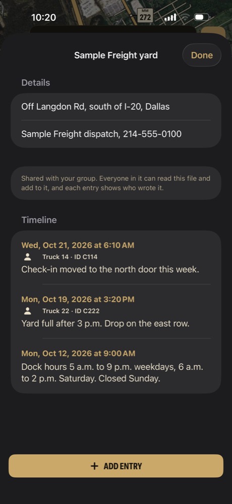 The Sample Freight yard file: Sample Freight dispatch contact, Truck 14 notes check-in moved to the north door, Truck 22 notes the yard is full after 3 p.m., and dock hours